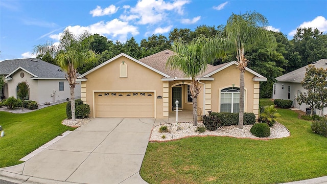 single story home with a garage and a front lawn