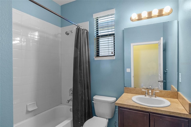 full bathroom with vanity, shower / bathtub combination with curtain, and toilet