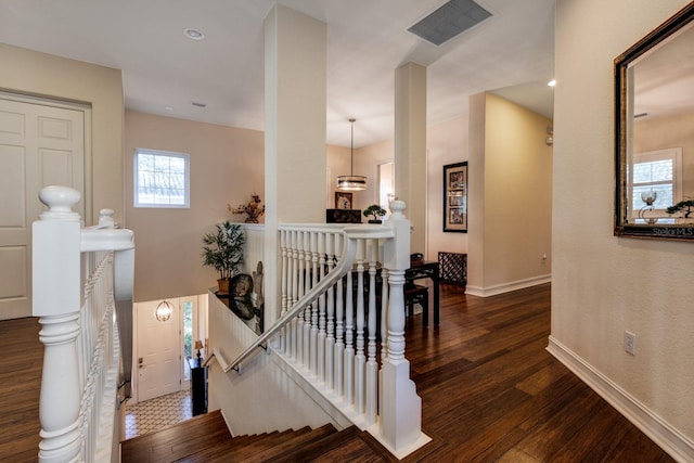 staircase with hardwood / wood-style flooring