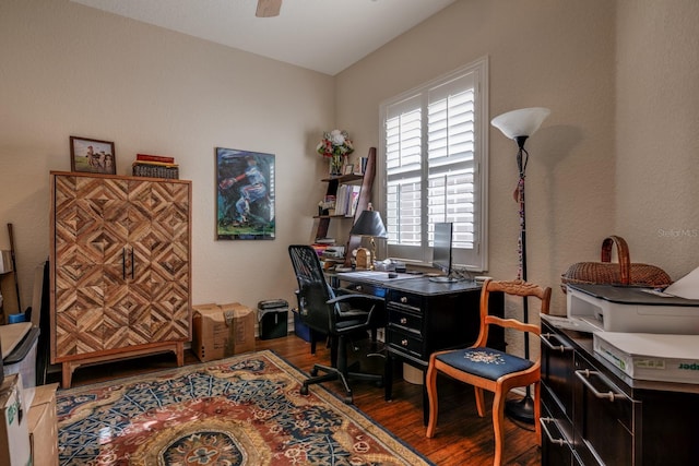 office space featuring wood-type flooring and ceiling fan