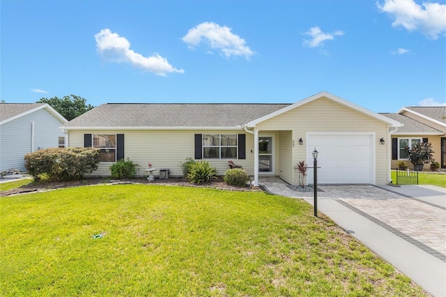 ranch-style home featuring a garage and a front yard