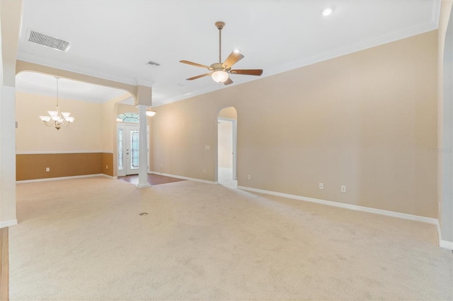 unfurnished room featuring ornamental molding, light carpet, and ceiling fan with notable chandelier