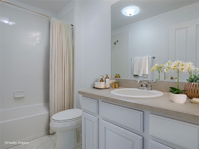 full bathroom with tile patterned flooring, vanity, toilet, and shower / bathtub combination with curtain