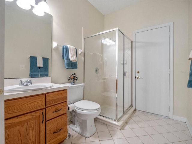 bathroom featuring tile patterned flooring, vanity, toilet, and an enclosed shower