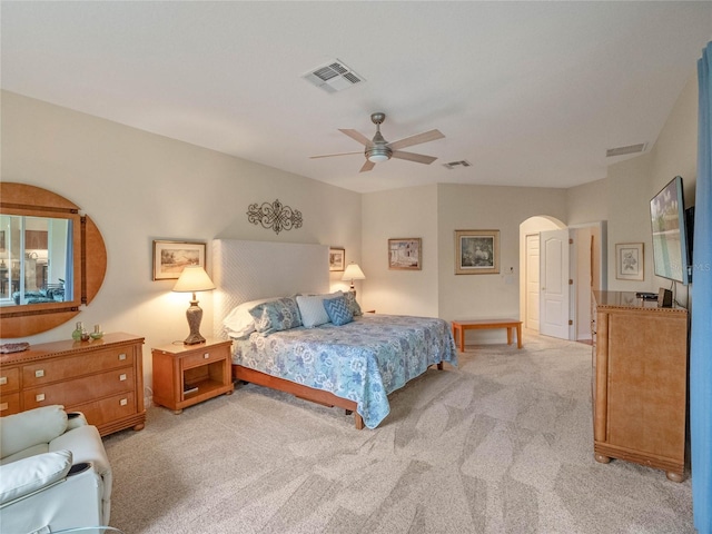 carpeted bedroom with ceiling fan