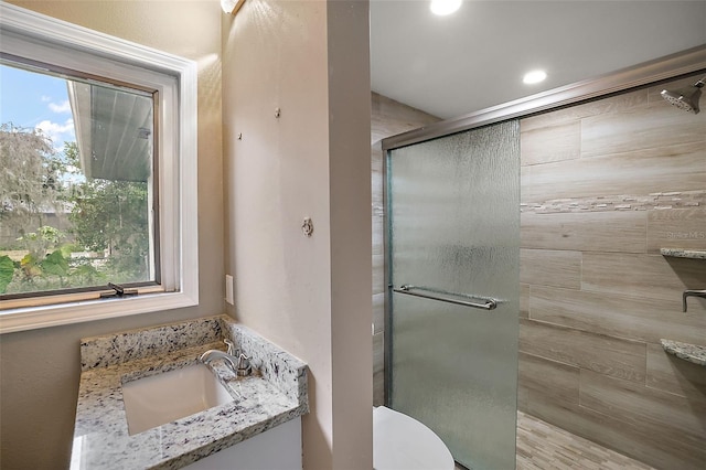 bathroom featuring plenty of natural light, toilet, a shower with door, and vanity