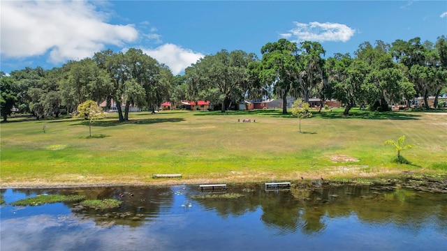 view of community featuring a yard and a water view