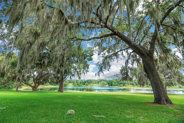 surrounding community with a lawn and a water view