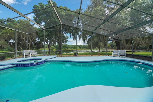 view of swimming pool featuring glass enclosure