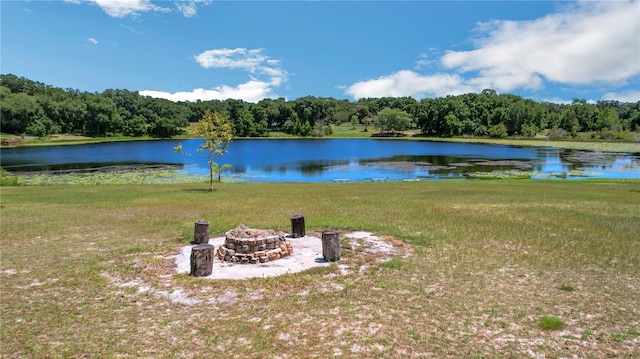 water view with an outdoor fire pit