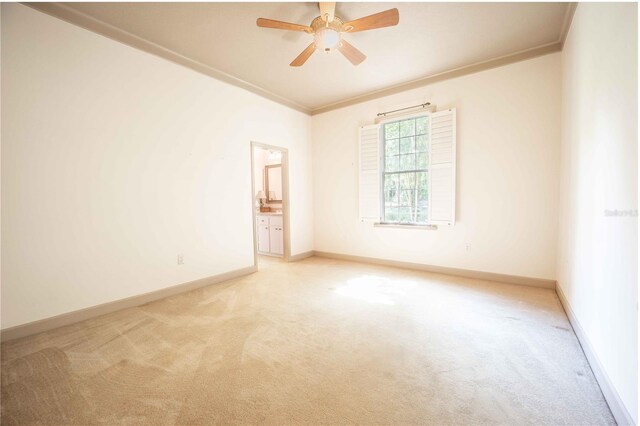 carpeted spare room featuring ceiling fan and ornamental molding