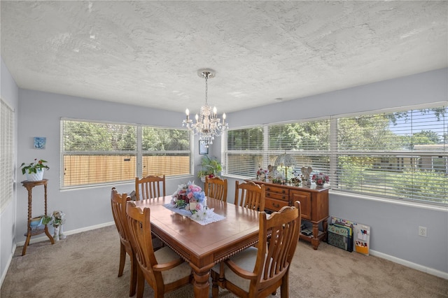 dining area featuring a healthy amount of sunlight, light colored carpet, and a textured ceiling