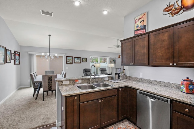 kitchen with dishwasher, kitchen peninsula, sink, and light carpet