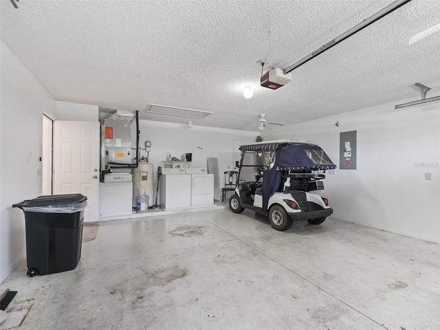 1405 W Schwartz Blvd, The Villages, FL 32159 - garage with independent washer and dryer, electric panel, heating unit, water heater, and a garage door opener