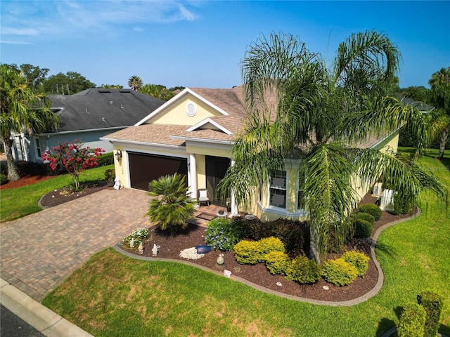 view of front of home featuring a front lawn and a garage