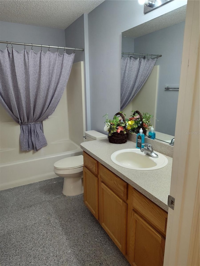 full bathroom with toilet, vanity, a textured ceiling, and shower / bathtub combination with curtain