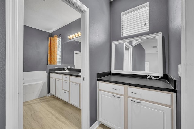 bathroom with a bath, vanity, and hardwood / wood-style flooring