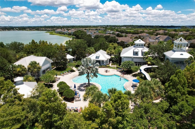 aerial view featuring a water view