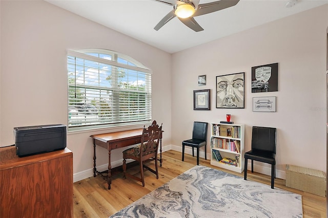 office featuring ceiling fan and light hardwood / wood-style flooring