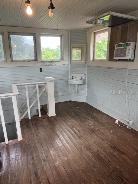 interior space with dark hardwood / wood-style floors, an AC wall unit, plenty of natural light, and sink