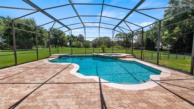 view of pool with glass enclosure, a patio area, a yard, and an in ground hot tub