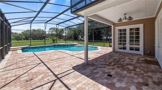 view of pool with glass enclosure, a yard, a patio, and french doors