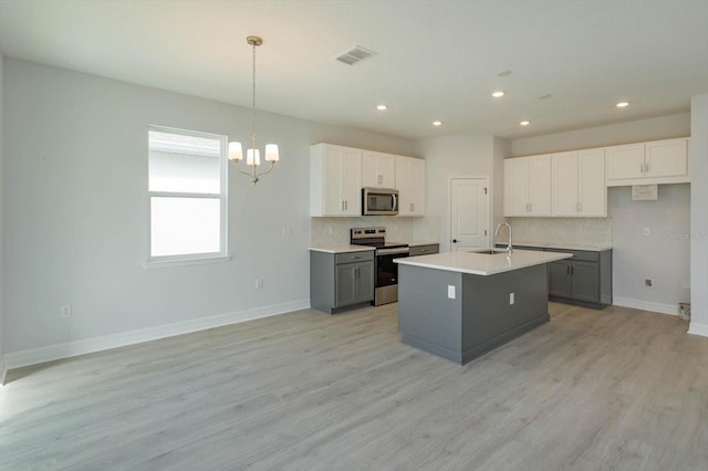 kitchen with sink, stainless steel appliances, gray cabinetry, and an island with sink