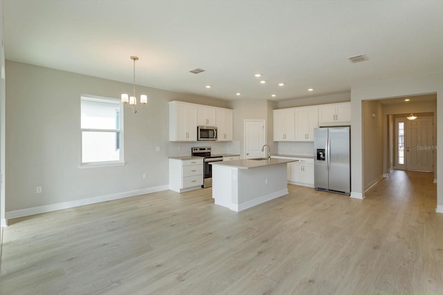 kitchen with a center island with sink, sink, light hardwood / wood-style floors, white cabinetry, and stainless steel appliances