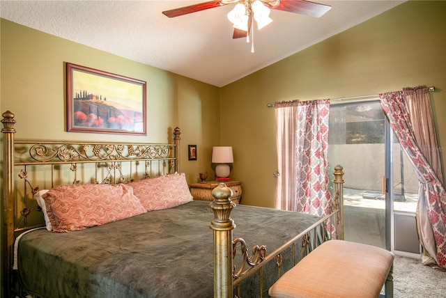 carpeted bedroom featuring ceiling fan and lofted ceiling