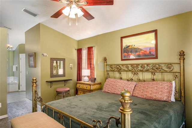 bedroom featuring tile patterned flooring and ceiling fan