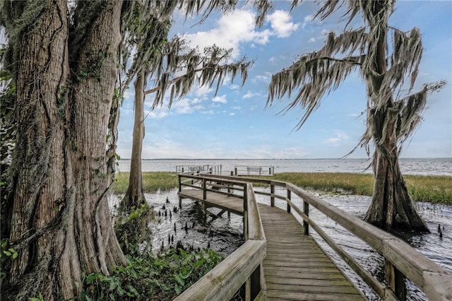 view of dock with a water view and a beach view