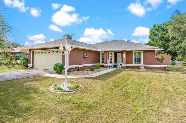 ranch-style home featuring a garage and a front lawn