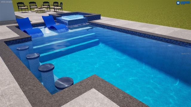 view of swimming pool with a patio, a fire pit, and an in ground hot tub