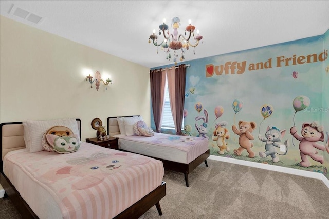bedroom with carpet flooring, visible vents, and a chandelier