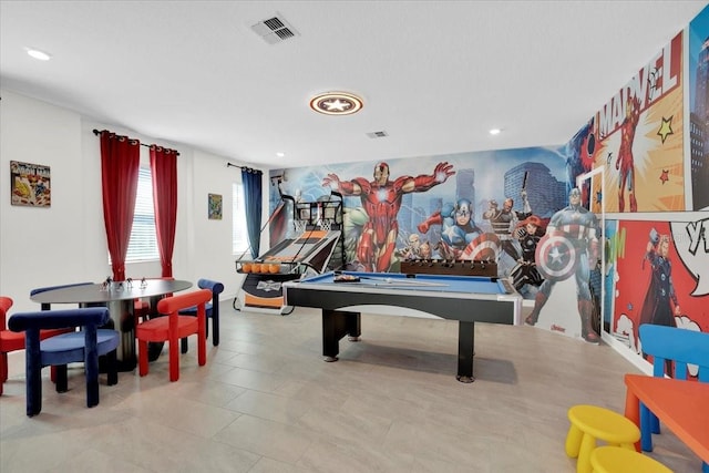 recreation room with pool table, recessed lighting, and visible vents