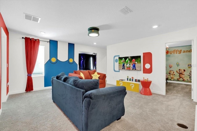 living room featuring visible vents, carpet flooring, and baseboards