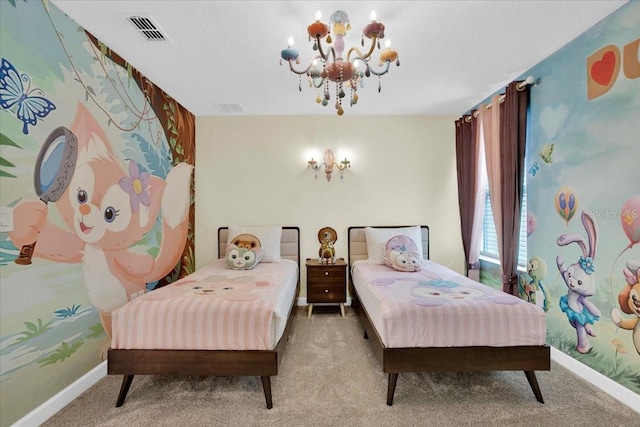 bedroom with a chandelier, visible vents, carpet flooring, and baseboards