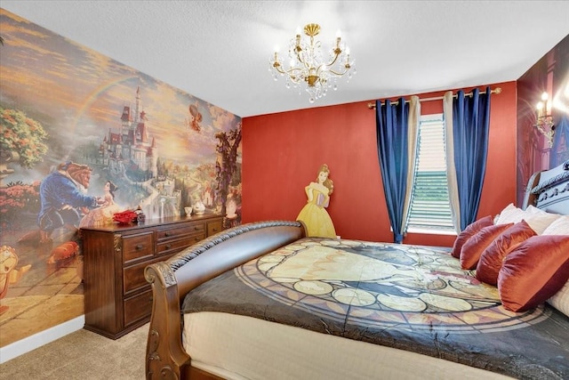 carpeted bedroom featuring baseboards, a textured ceiling, and an inviting chandelier