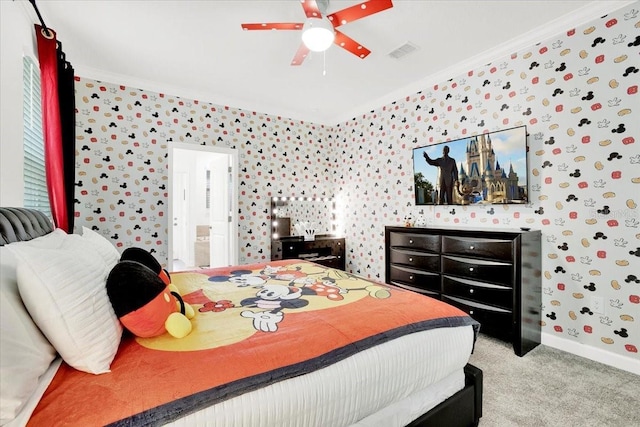 carpeted bedroom with baseboards, visible vents, wallpapered walls, ceiling fan, and ornamental molding