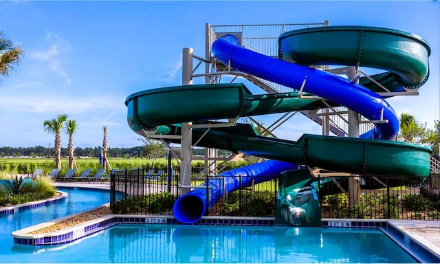 view of swimming pool featuring a water slide