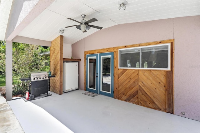 view of patio / terrace with ceiling fan, french doors, and grilling area