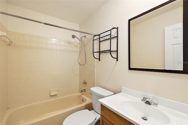 full bathroom featuring vanity, bathtub / shower combination, and toilet