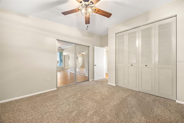 unfurnished bedroom with carpet and ceiling fan