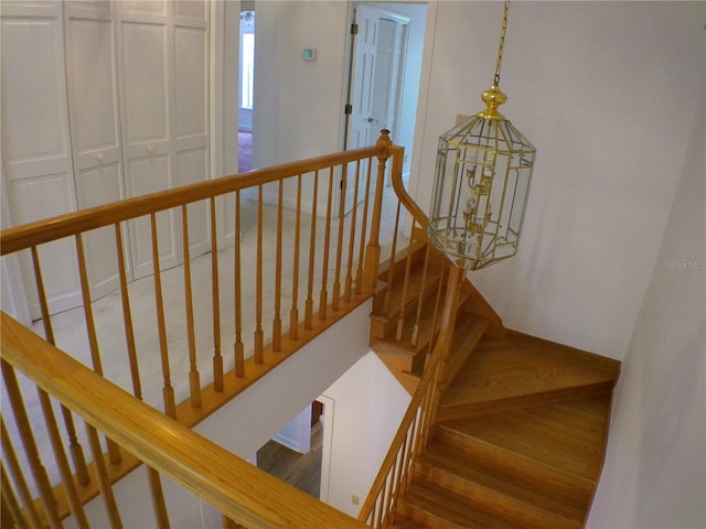 stairway with hardwood / wood-style flooring