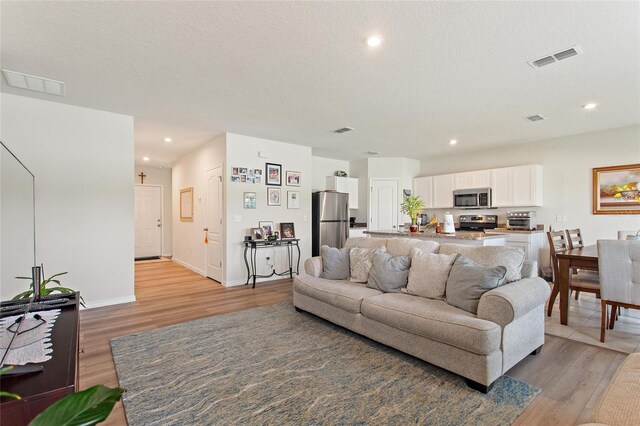 living room with a textured ceiling and light hardwood / wood-style flooring