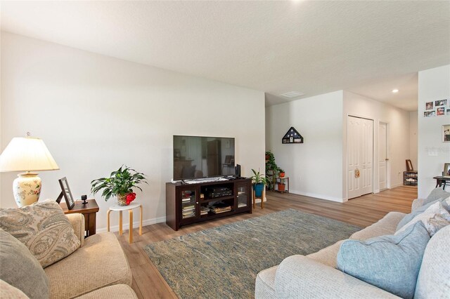 living room featuring hardwood / wood-style flooring and a textured ceiling