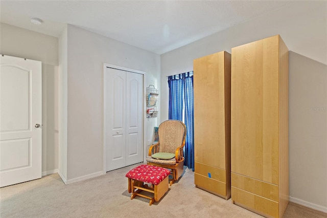 sitting room featuring light carpet