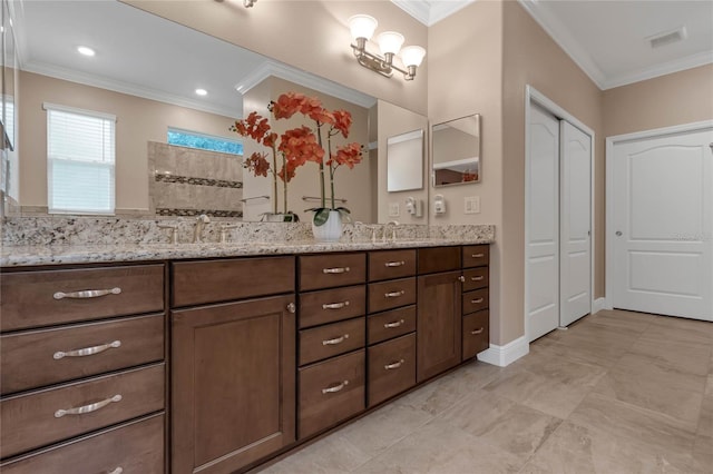 bathroom featuring tile flooring, ornamental molding, and double vanity