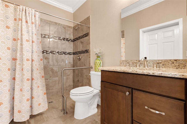 bathroom with tile floors, vanity with extensive cabinet space, crown molding, and toilet