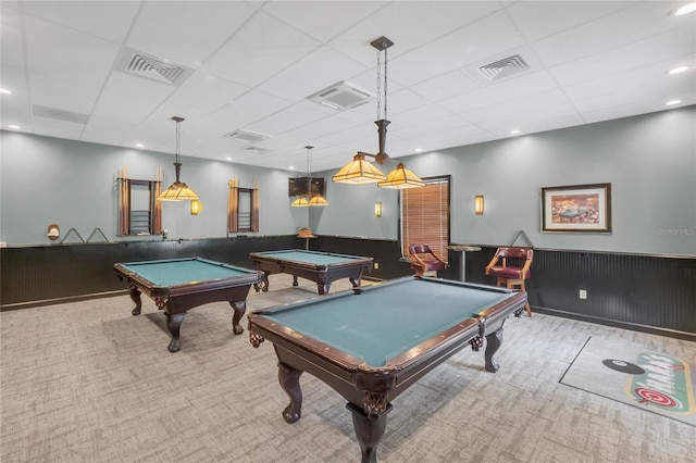 game room with a paneled ceiling, carpet floors, and pool table